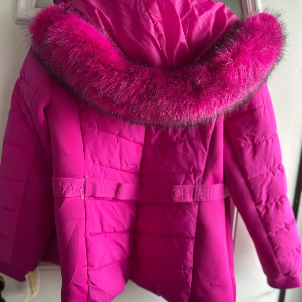 Michael Kors Belted Faux Fur Trim Hooded Puffer Jacket - Hot Pink Size Large